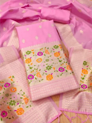 Women's Banarasi Silk Printed Unstitched Salwar Suit Material With Dupatta (Light Pink, 3Mtrs)