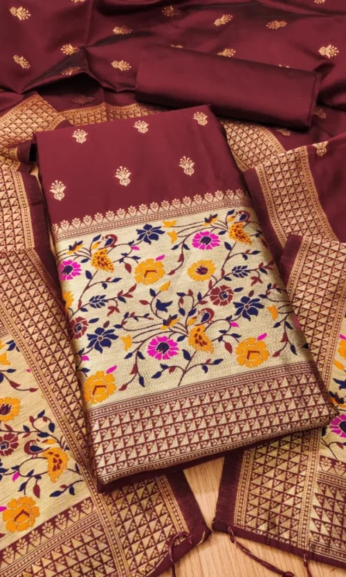 Women's Banarasi Silk Printed Unstitched Salwar Suit Material With Dupatta (Maroon, 3Mtrs)