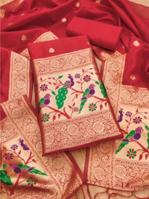 Women's Banarasi Silk Printed Unstitched Salwar Suit Material With Dupatta (Red, 3Mtrs)