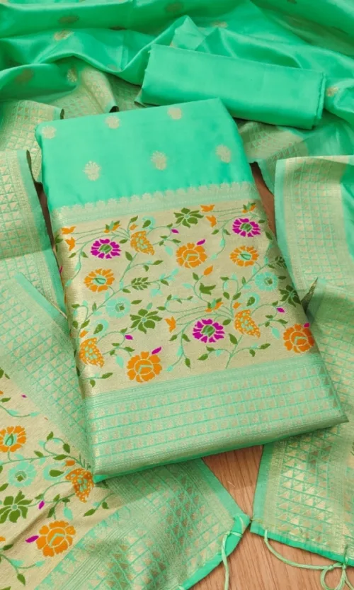 Women's Banarasi Silk Printed Unstitched Salwar Suit Material With Dupatta (Sea Green, 3Mtrs)