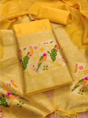 Women's Banarasi Silk Printed Unstitched Salwar Suit Material With Dupatta (Yellow, 3Mtrs)
