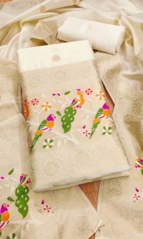 Women's Banarasi Silk Printed Unstitched Salwar Suit Material With Dupatta (White, 3Mtrs)