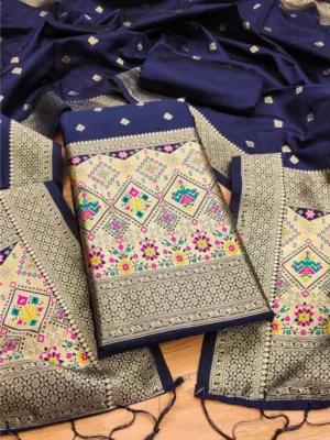 Women's Banarasi Silk Printed Unstitched Salwar Suit Material With Dupatta (Navy Blue, 3Mtrs)