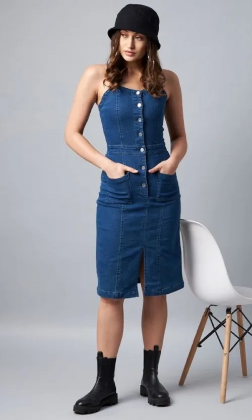 Women's Denim Lycra Solid Square Neck Shoulder Straps Dress (Blue)