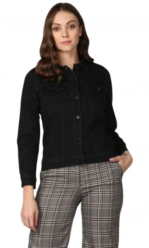 Women's Denim Solid Long Sleeve Jacket (Black)