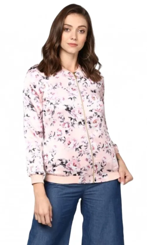 Women's Satin Floral 3/4th Sleeve Jacket (Light Pink)