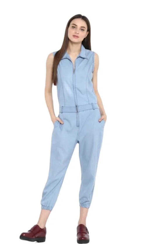 Women's Denim Solid Sleeveless Jumpsuit (Blue)