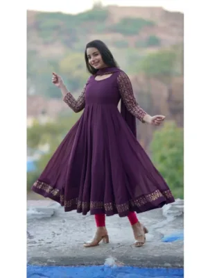 Women's Georgette Embroidery 3-4th Sleeve Round Neck Kurti with Dupatta Set (Wine)