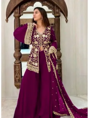 Women's Georgette Embroidery 3-4th Sleeve V-Neck Kurti, Palazzo And Dupatta Set (Wine)