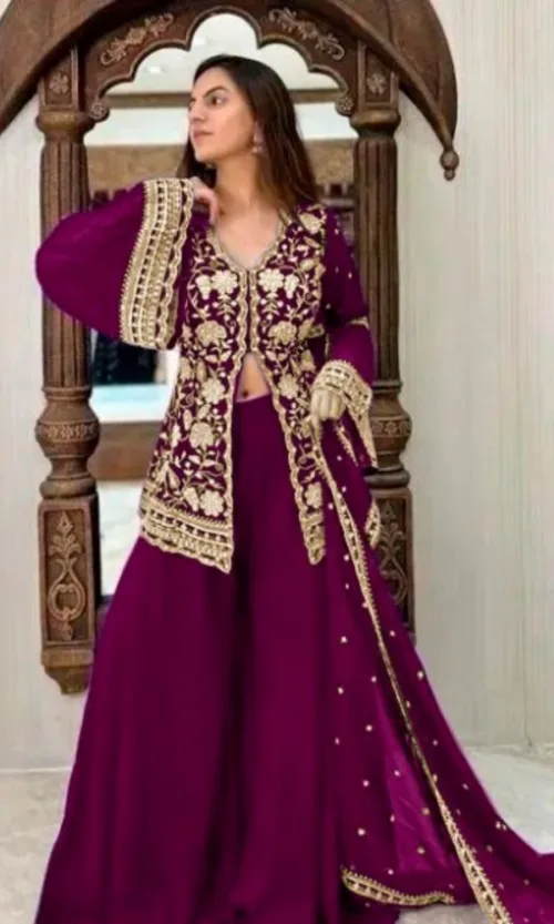 Women's Georgette Embroidery 3-4th Sleeve V-Neck Kurti, Palazzo And Dupatta Set (Wine)