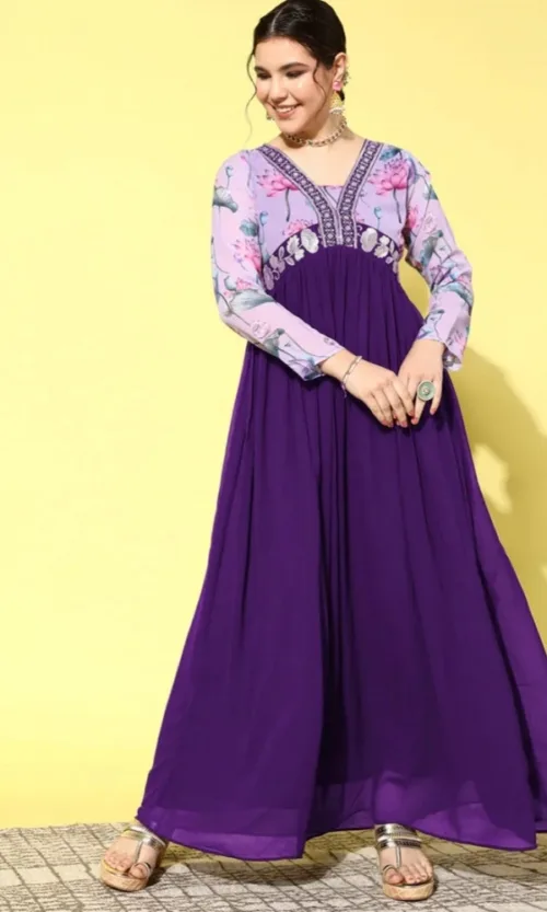 Women's Georgette Embroidery 3-4th Sleeve V-Neck Kurti (Purple)