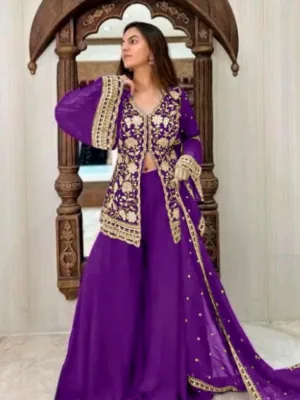Women's Georgette Embroidery 3-4th Sleeve V-Neck Kurti, Palazzo And Dupatta Set (Purple)
