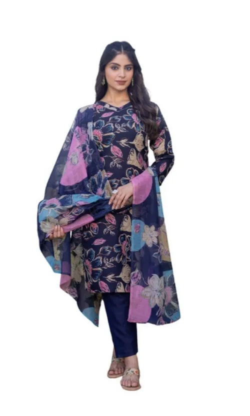 Women's Cotton Blend Printed Kurti With Pant Dupatta Set (NavyBlue)