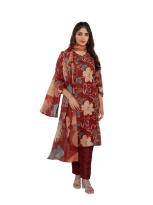 Women's Cotton Blend Printed Kurti With Pant Dupatta Set (Rust)