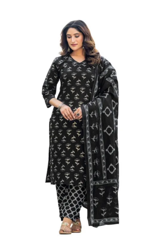 Women's Cotton Blend Printed Kurti With Pant Dupatta Set (Black)