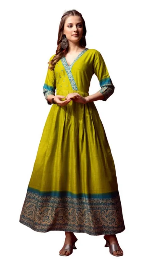 Women's Cotton Blend Printed Anarkali Gown (Green)
