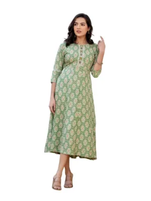 Women's Rayon Print With Embroidery Work A-Line Kurti (Green)