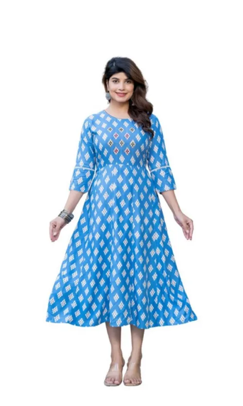 Women's Rayon Print With Embroidery Work A-Line Kurti (Sky Blue)