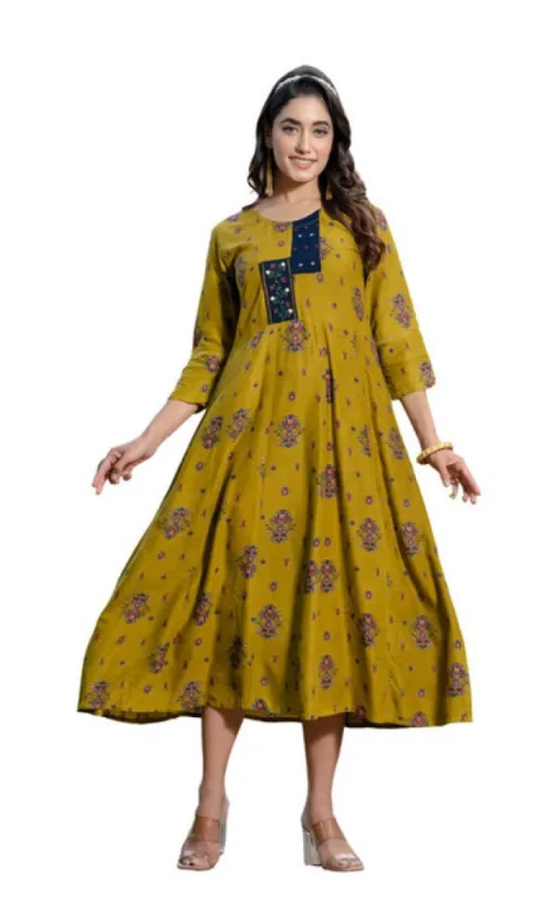 Women's Rayon Print With Embroidery Work A-Line Kurti (Mehendi)