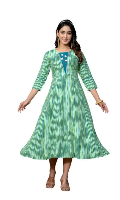 Women's Rayon Print With Embroidery Work A-Line Kurti (Rama)