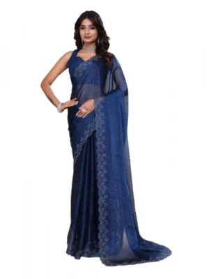 Women's Jimmy choo Embellished Bollywood Saree With Unstitched Blouse 5.5Mtr (Blue)