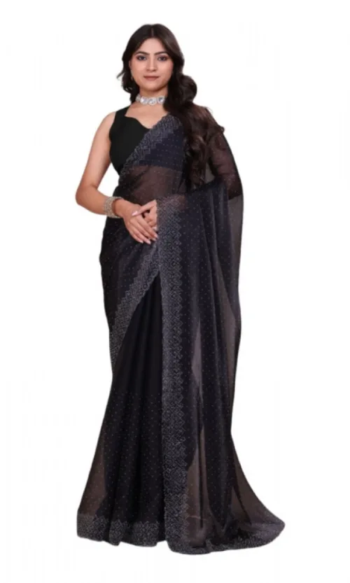 Women's Jimmy choo Embellished Bollywood Saree With Unstitched Blouse 5.5Mtr (Black)