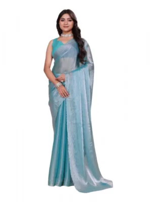 Women's Jimmy choo Embellished Bollywood Saree With Unstitched Blouse 5.5Mtr (Light Blue)