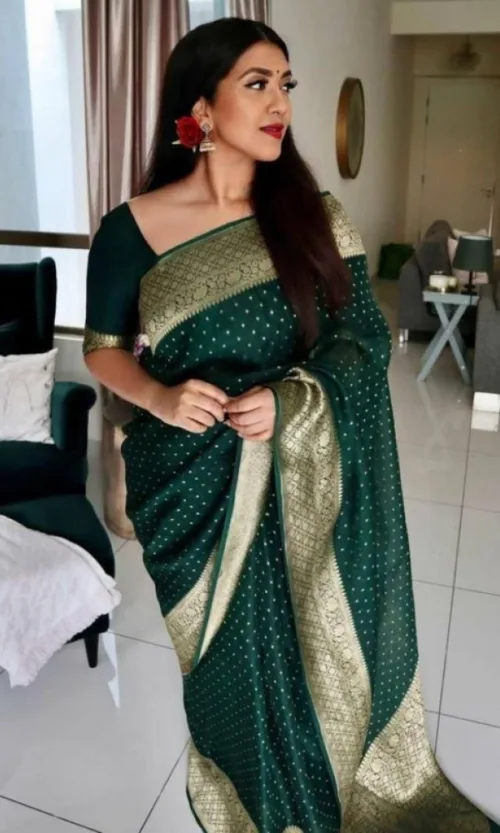 Women's Litchi silk Printed Saree With Unstitched Blouse (Green)
