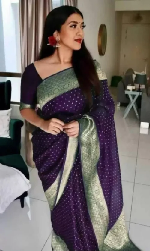 Women's Litchi silk Printed Saree With Unstitched Blouse (Purple)