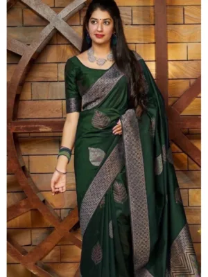 Women's Litchi silk Printed Saree With Unstitched Blouse (Green)