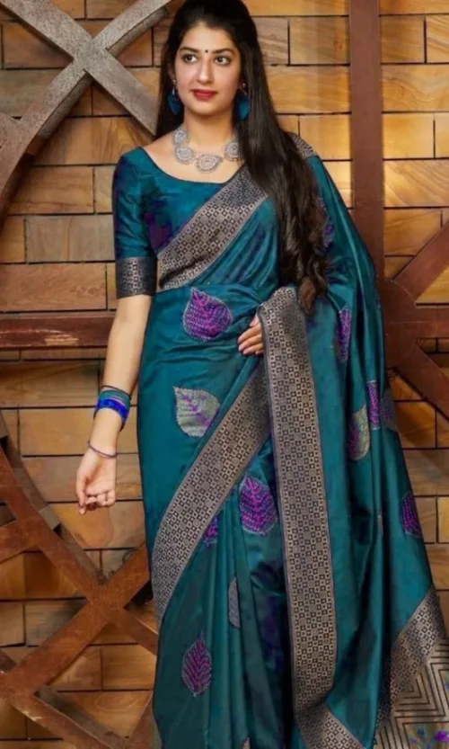 Women's Litchi silk Printed Saree With Unstitched Blouse (Rama Blue)