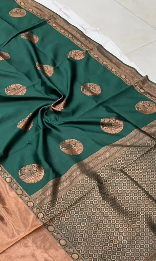 Women's Litchi silk Printed Saree With Unstitched Blouse (Green)