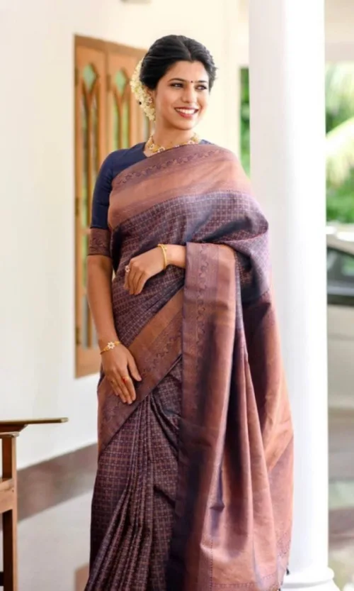 Women's Litchi silk Printed Saree With Unstitched Blouse (Navy Blue)