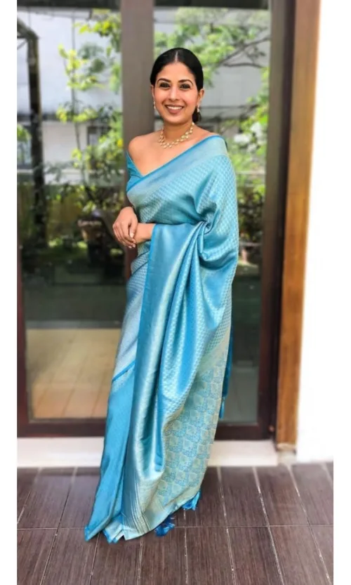 Women's Litchi silk Printed Saree With Unstitched Blouse (Sky Blue)