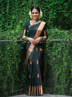 Women's Litchi silk Printed Saree With Unstitched Blouse (Green)