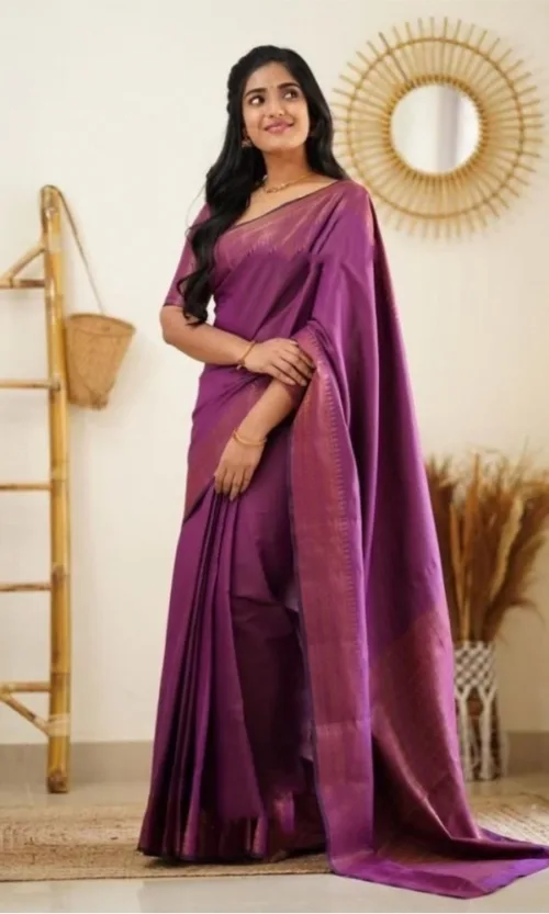 Women's Litchi silk Printed Saree With Unstitched Blouse (Purple)