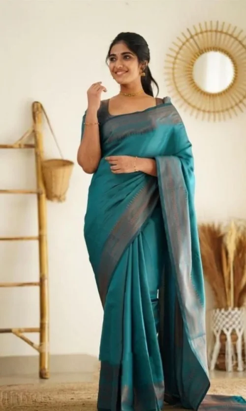 Women's Litchi silk Printed Saree With Unstitched Blouse (Rama Blue)