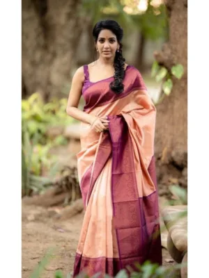 Women's Litchi silk Printed Saree With Unstitched Blouse (Beige)