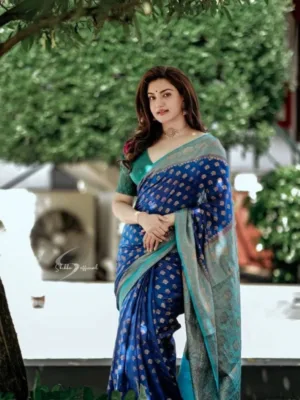 Women's Litchi silk Printed Saree With Unstitched Blouse (Navy Blue)