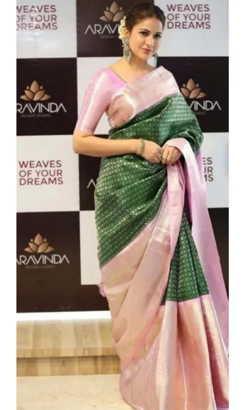 Women's Litchi silk Printed Saree With Unstitched Blouse (Green)