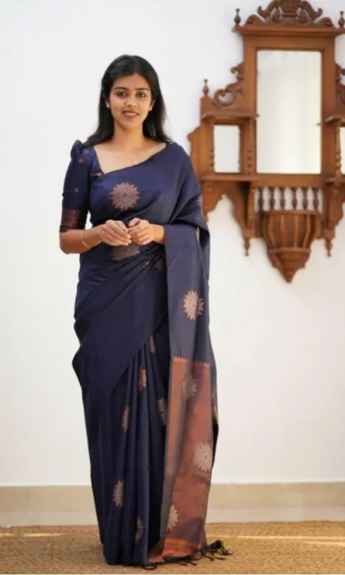 Women's Litchi silk Printed Saree With Unstitched Blouse (Dark Blue)