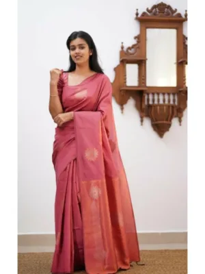 Women's Litchi silk Printed Saree With Unstitched Blouse (Peach)