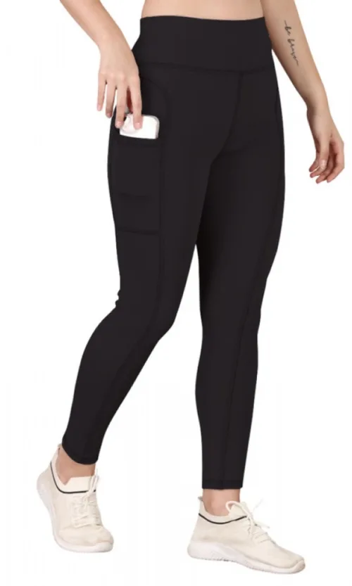 Women's Polyester Solid Ankle length High Waisted Tights (Black)