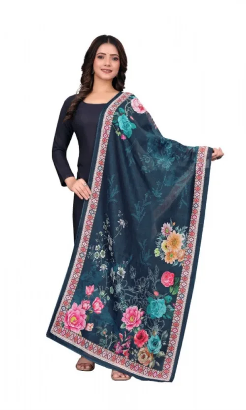 Women's chanderi silk  Printed Dupatta (Navy Blue, Length: 2 Mtr)