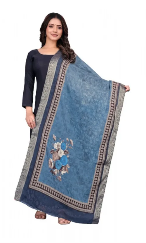 Women's chanderi silk  Printed Dupatta (Navy Blue, Length: 2 Mtr)
