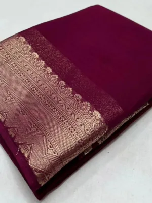 Women's Crepe Chit Pallu Solid Saree With Unstitched Blouse 5.5Mtr (Purple)