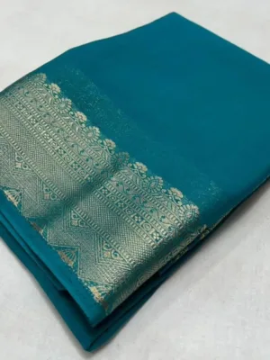 Women's Crepe Chit Pallu Solid Saree With Unstitched Blouse 5.5Mtr (Sky Blue)