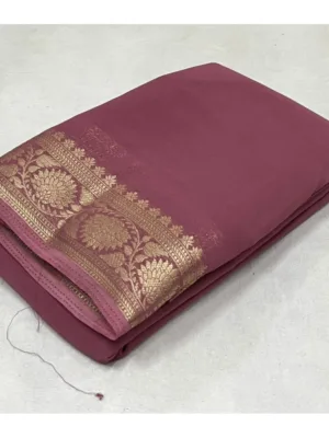 Women's Crepe Chit Pallu Solid Saree With Unstitched Blouse 5.5Mtr (Peach)
