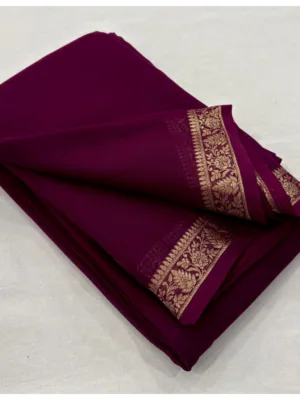 Women's Crepe Chit Pallu Solid Saree With Unstitched Blouse 5.5Mtr (Wine)