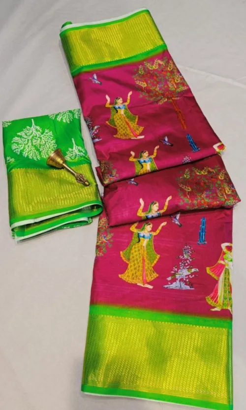 Women's Digital Dolla Silk Printed Saree With Unstitched Blouse 5.5Mtr (Pink)